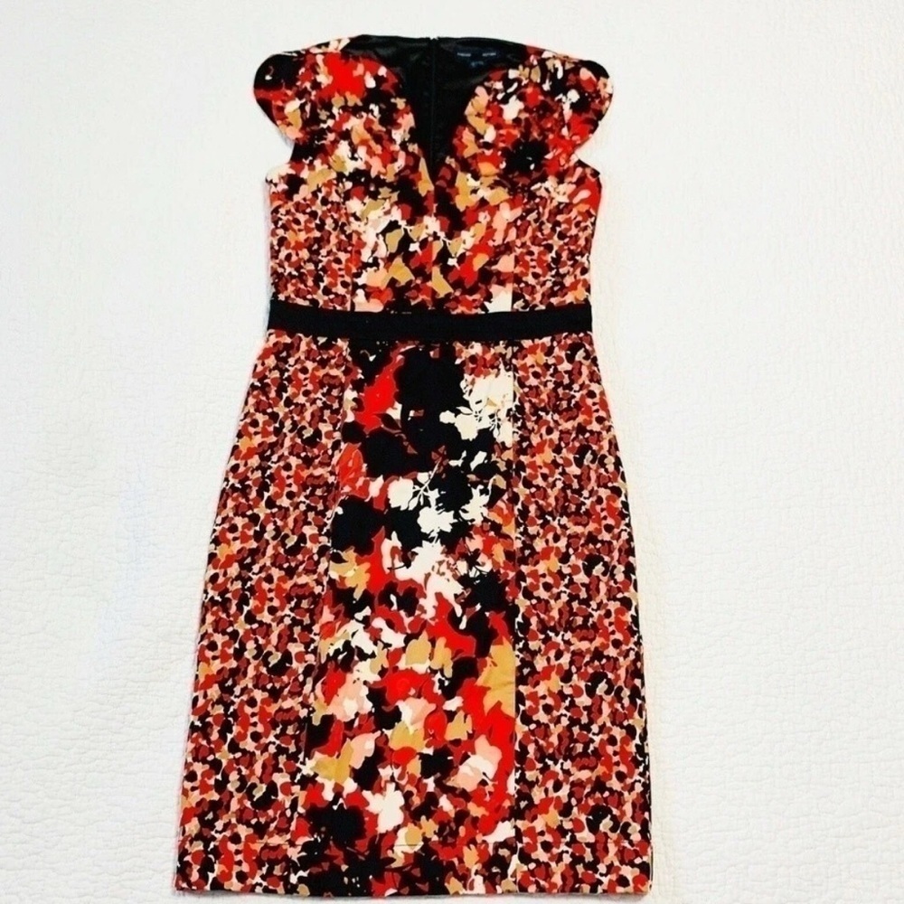 French Connection Size 6 Black Orange Floral Cap Sleeve Sheath Dress